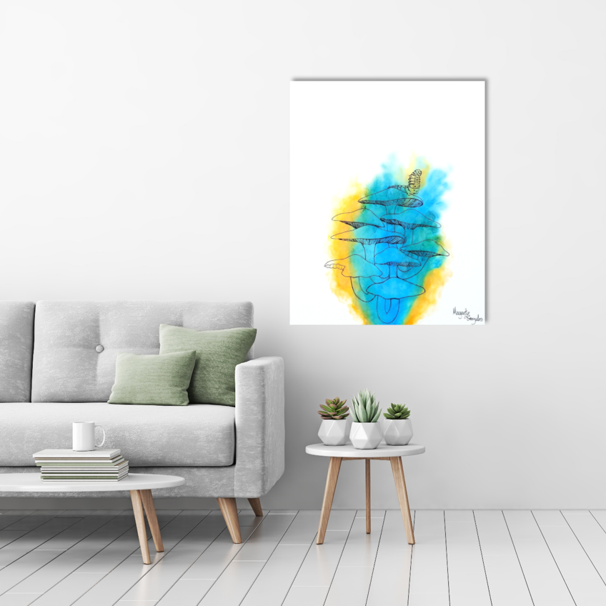 Original Painting of Mushrooms and Caterpillar