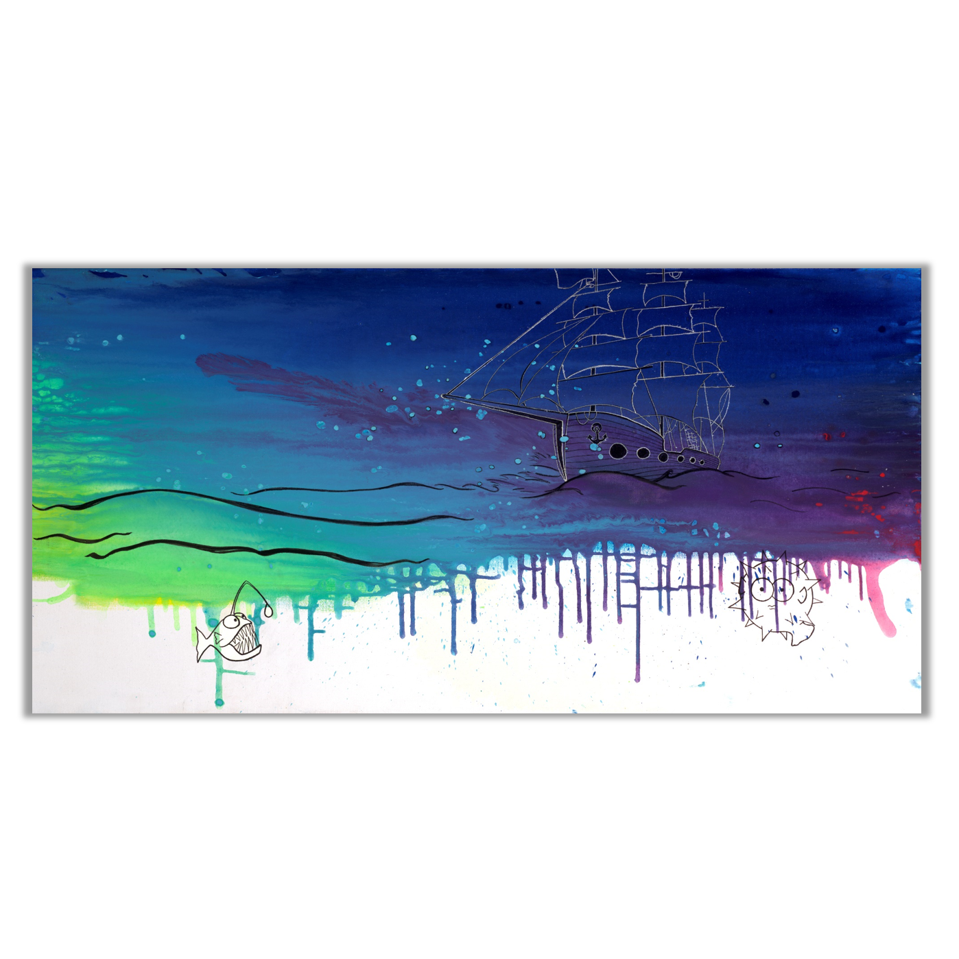 Original Painting of Vibrant Abstract Fish and Ship